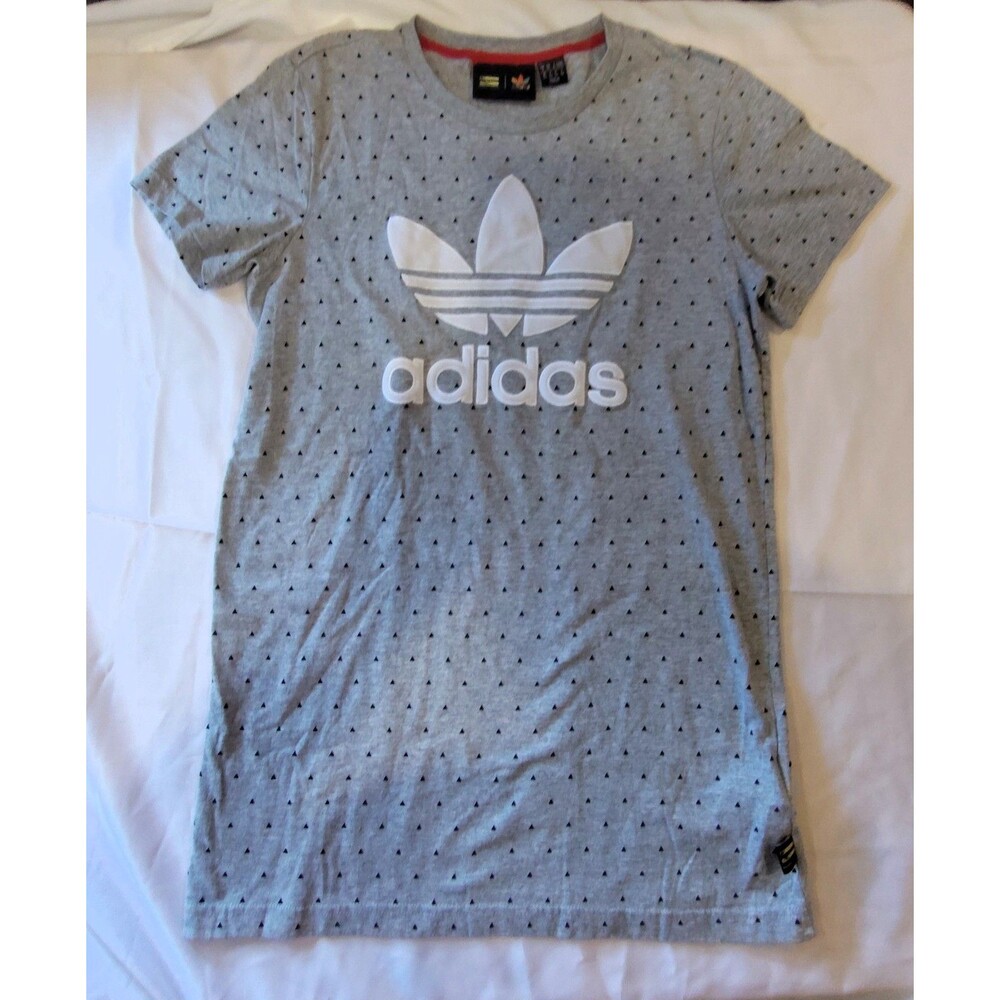 Womens Gray Adidas x Pharrell Williams HU Dot print Tee White Velour Logo Sz XS